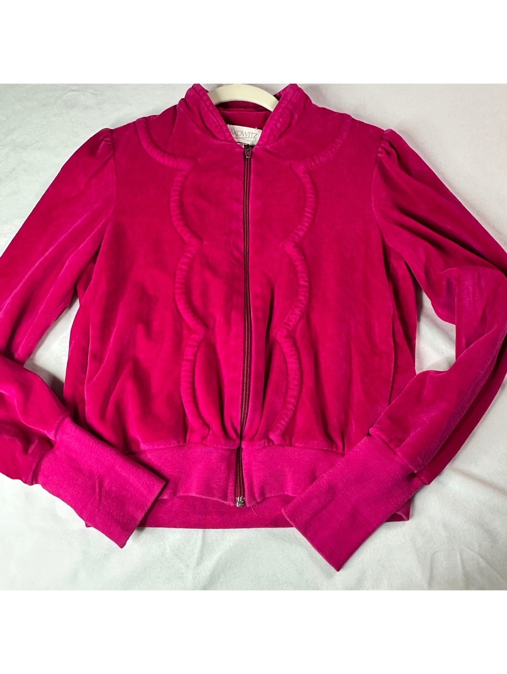 Vtg 80s Y2K Style Velour Zip Up Jacket Fuchsia Pink Puff Sleeve S